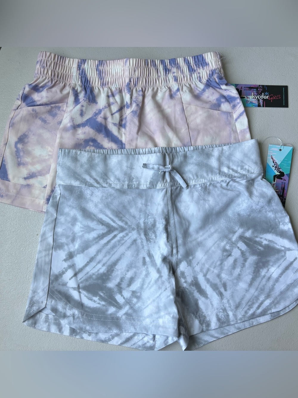 NWT Kyodan Girls Tie-Dye Athletic Shorts - Light Gray & Pastel Purple/Pink
